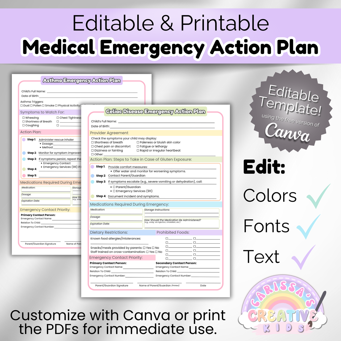 Canva-editable asthma and celiac disease emergency action plans for childcare settings, showing customizable text, colors, and fonts—ideal for home daycare or preschool emergency binders.