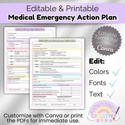 Canva-editable asthma and celiac disease emergency action plans for childcare settings, showing customizable text, colors, and fonts—ideal for home daycare or preschool emergency binders.