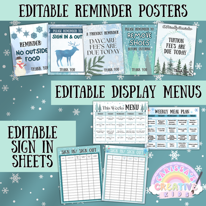 Editable daycare printables including sign-in/sign-out sheets, weekly meal plan templates, and winter-themed reminder posters. Posters include messages like “No Outside Food,” “Sign In & Out,” and “Tuition Fees Due.” All templates are editable in Canva, making them ideal for home daycare or preschool use.