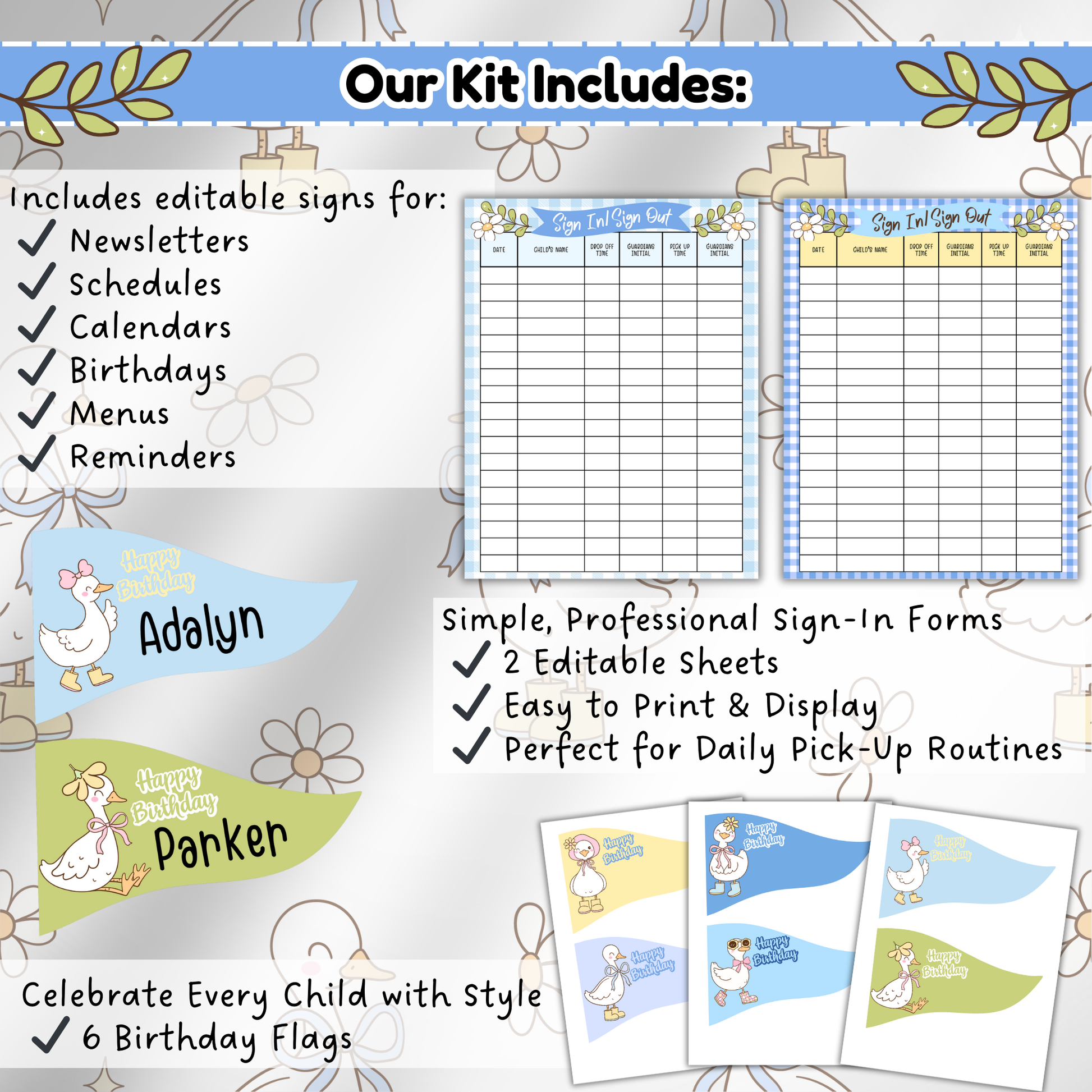 Editable headers for menu, newsletter, calendar, schedule, birthdays, and reminders, each styled with Country Goose motifs and soft color palettes.