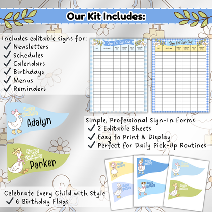 Editable headers for menu, newsletter, calendar, schedule, birthdays, and reminders, each styled with Country Goose motifs and soft color palettes.