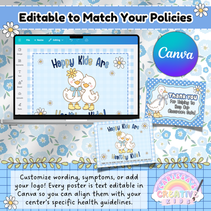 Editable Daycare Health Posters in Canva – Customize Sick Policy Signs for Preschool with Symptoms, Logos, or Text Changes