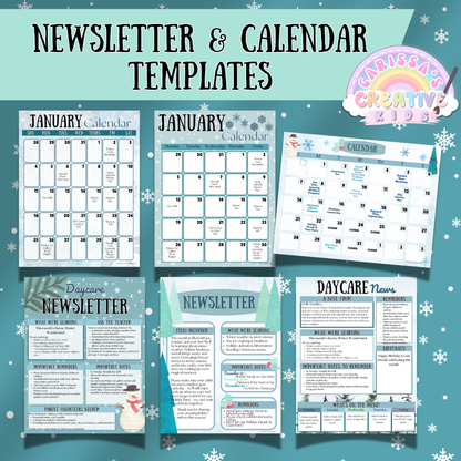 Set of editable newsletter and calendar templates from the Winter Daycare Parent Board Kit. Includes multiple monthly calendar layouts and cheerful newsletter designs with snow-themed graphics. Ideal for communicating events, menus, and updates with preschool and daycare families. Fully editable in Canva.