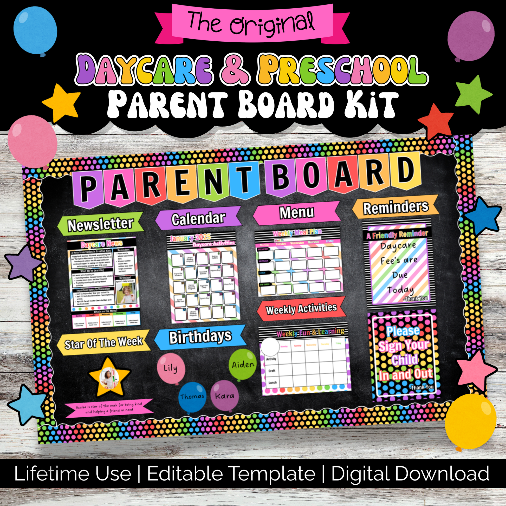 Editable daycare parent board kit shown fully displayed with forms, reminders, banners, and colorful borders. Perfect for childcare centers and home daycares to communicate with families and organize important weekly info.