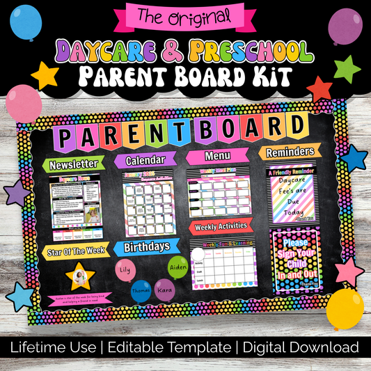 Editable daycare parent board kit shown fully displayed with forms, reminders, banners, and colorful borders. Perfect for childcare centers and home daycares to communicate with families and organize important weekly info.