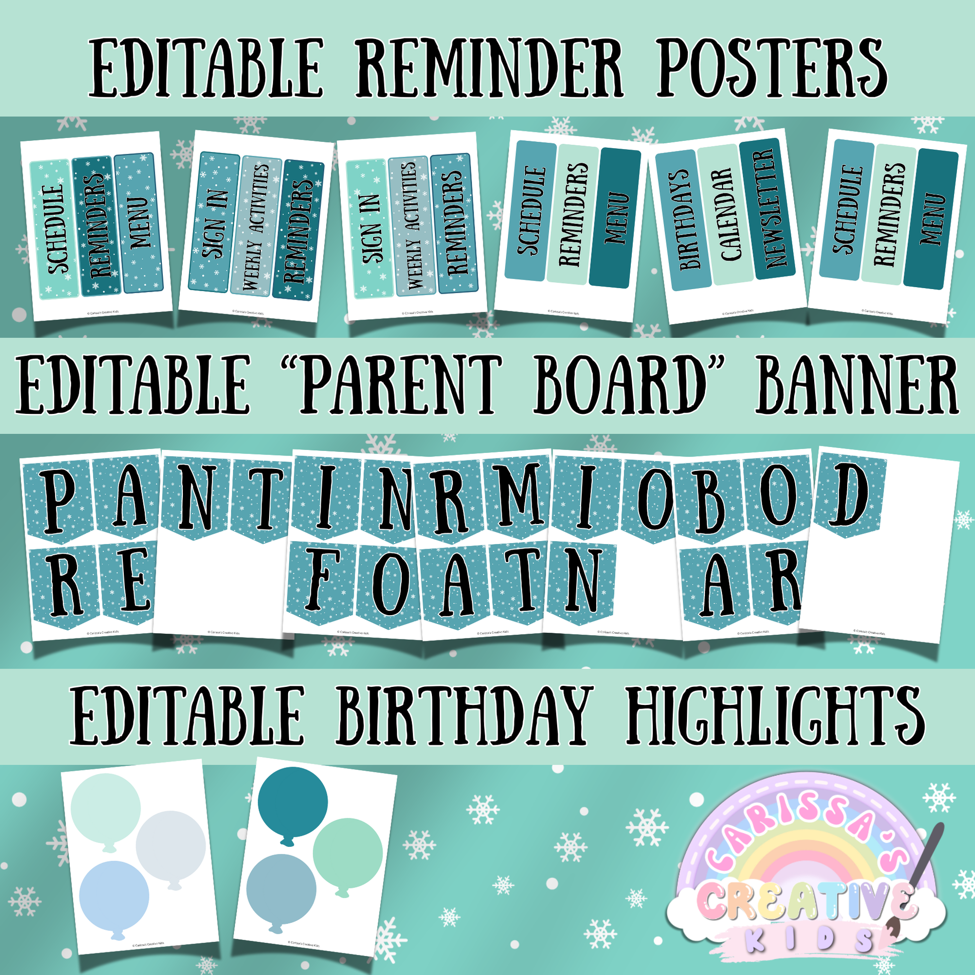 Preview of editable elements from the Winter Daycare Parent Board Kit, including reminder posters, a “Parent Board” banner with winter backgrounds, and customizable birthday balloons. Designed for easy editing in Canva to support daycare communication, classroom decor, and parent updates.