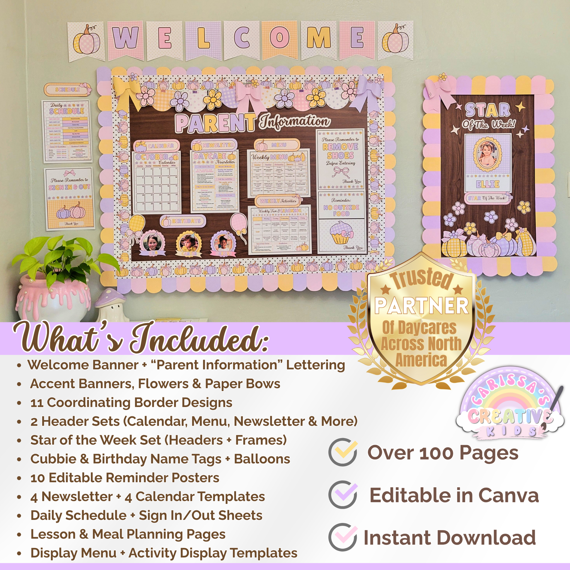 Daycare Parent Board Kit – over 100 editable Canva pages for home daycare and preschool bulletin boards. Includes welcome banner, borders, reminder posters, calendars, newsletters, lesson plans, and more. Instant download printable daycare forms and decor.