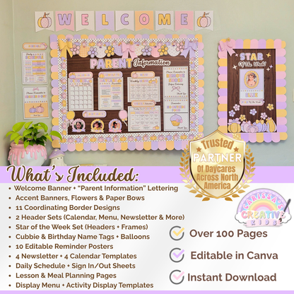 Daycare Parent Board Kit – over 100 editable Canva pages for home daycare and preschool bulletin boards. Includes welcome banner, borders, reminder posters, calendars, newsletters, lesson plans, and more. Instant download printable daycare forms and decor.