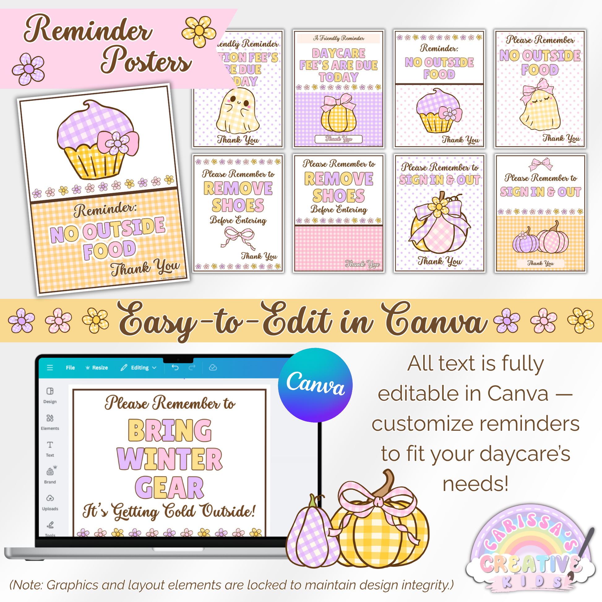 Editable daycare reminder posters designed in Canva. Customize text to fit your daycare’s needs with these pastel printable preschool signs — includes reminders for shoes, food, tuition, and seasonal updates. Easy to edit and ready to print.