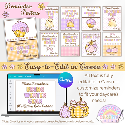 Editable daycare reminder posters designed in Canva. Customize text to fit your daycare’s needs with these pastel printable preschool signs — includes reminders for shoes, food, tuition, and seasonal updates. Easy to edit and ready to print.