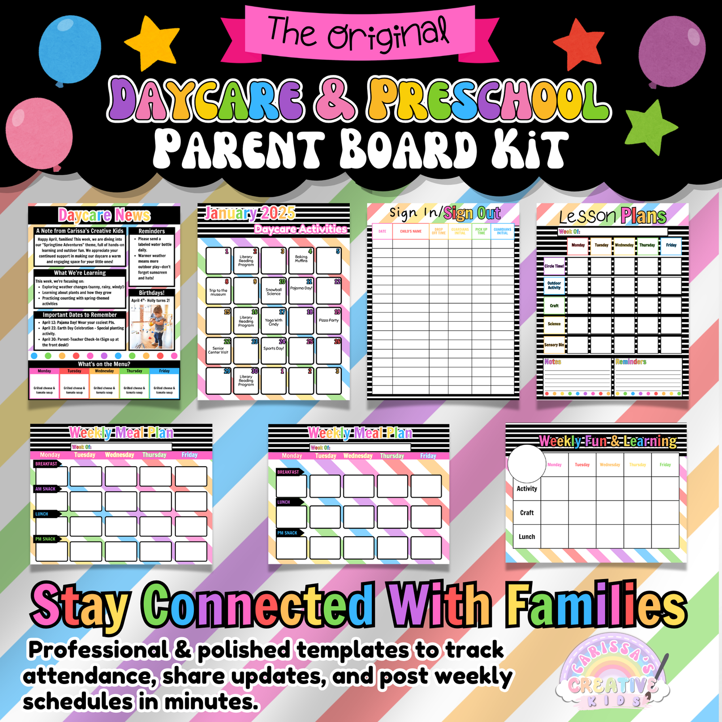 This digital download includes over 50 pages: lesson plans, newsletters, calendars, sign-in sheets, editable Canva templates, and more. Ideal for daycare providers who want everything in one place for their parent board setup.