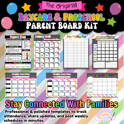 This digital download includes over 50 pages: lesson plans, newsletters, calendars, sign-in sheets, editable Canva templates, and more. Ideal for daycare providers who want everything in one place for their parent board setup.