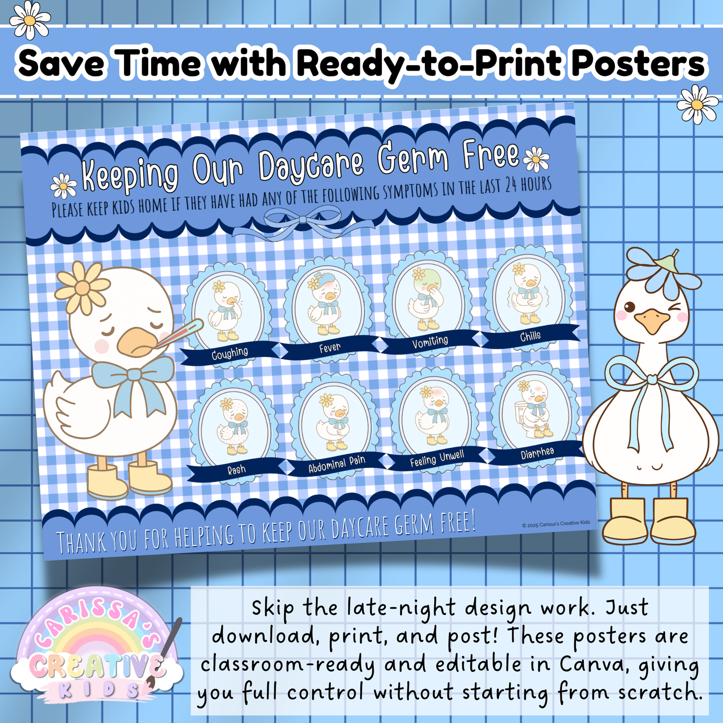 Editable Daycare Sick Policy Poster – Printable Preschool Health Sign for Germ Prevention with Symptoms List and Blue Gingham Background