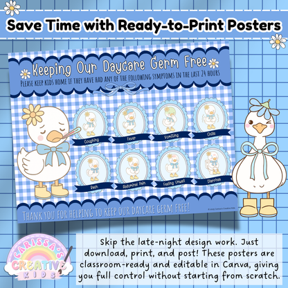 Editable Daycare Sick Policy Poster – Printable Preschool Health Sign for Germ Prevention with Symptoms List and Blue Gingham Background