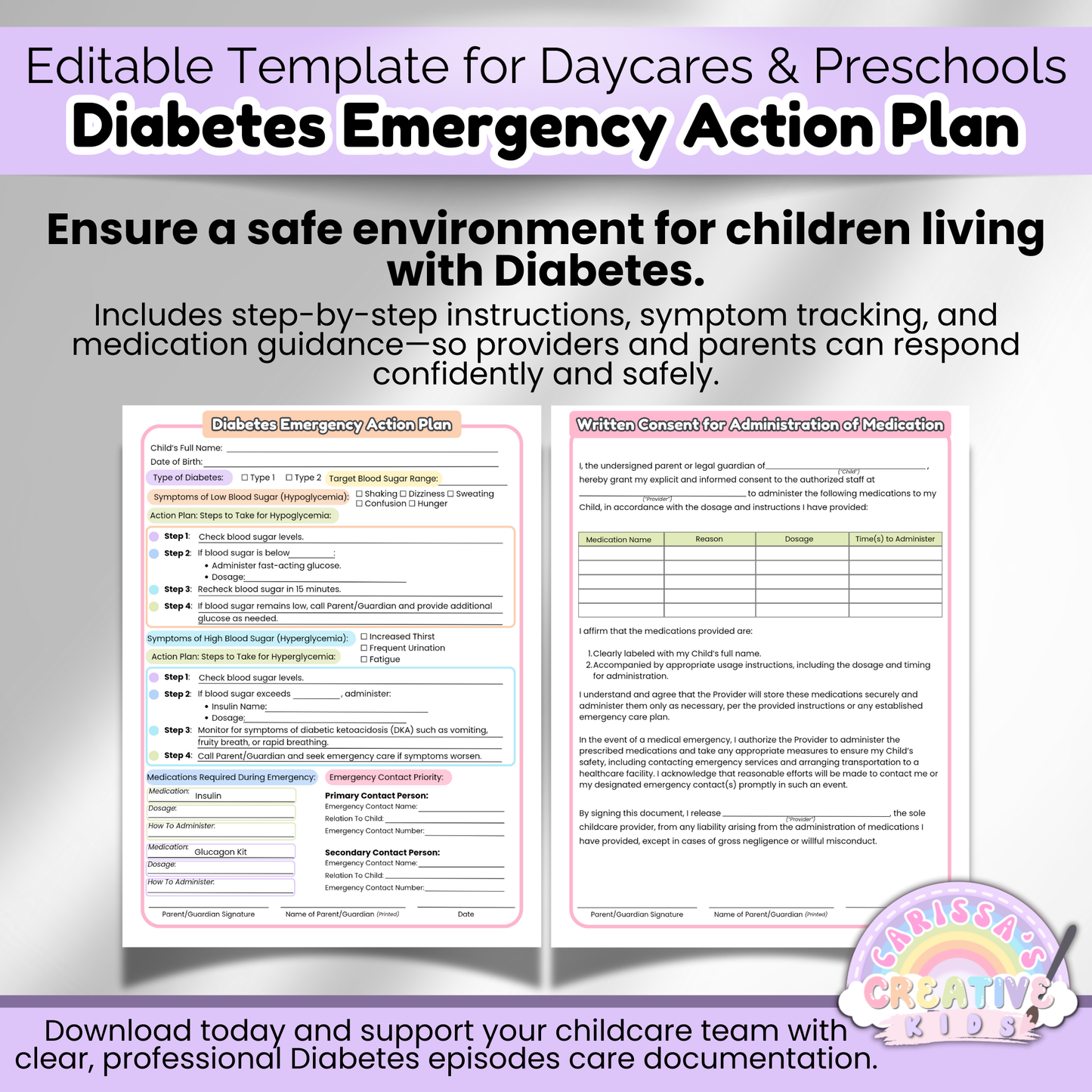 Editable template for Diabetes Emergency Action Plan with clear step-by-step guidance and symptom tracking for licensed daycare, in-home childcare, and preschool settings.