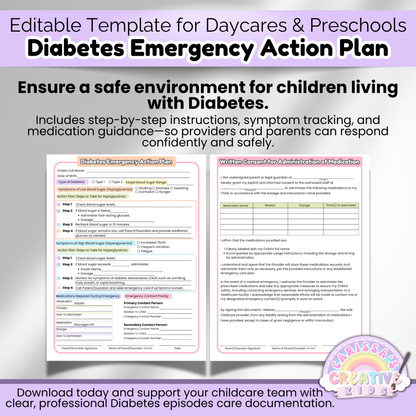 Editable template for Diabetes Emergency Action Plan with clear step-by-step guidance and symptom tracking for licensed daycare, in-home childcare, and preschool settings.