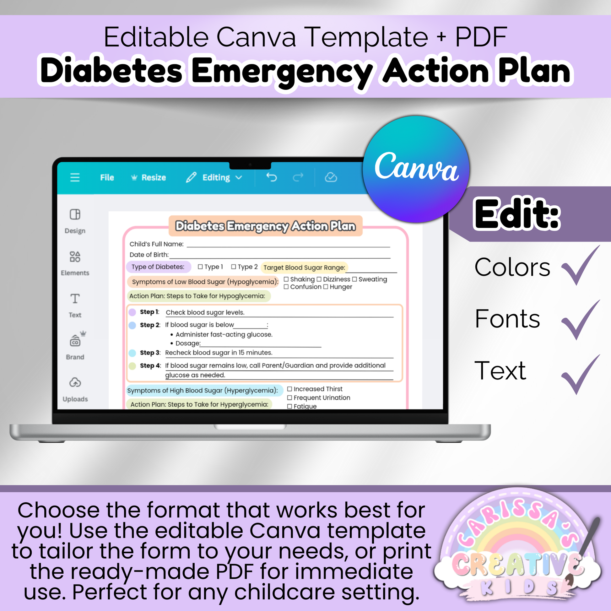 Diabetes Action Plan editable Canva and PDF template for childcare providers—customize emergency response plans with editable text, fonts, and colors.