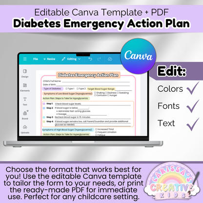 Diabetes Action Plan editable Canva and PDF template for childcare providers—customize emergency response plans with editable text, fonts, and colors.
