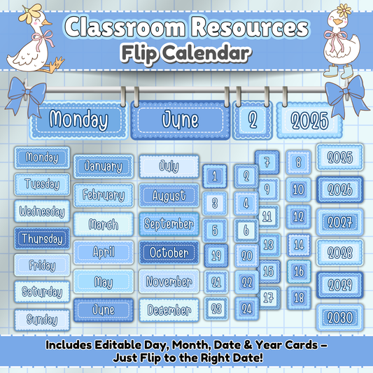 Editable Flip Calendar for Classroom – Printable Teacher Calendar Set with Day, Month, Date, and Year Cards in Blue Gingham Silly Goose Theme
