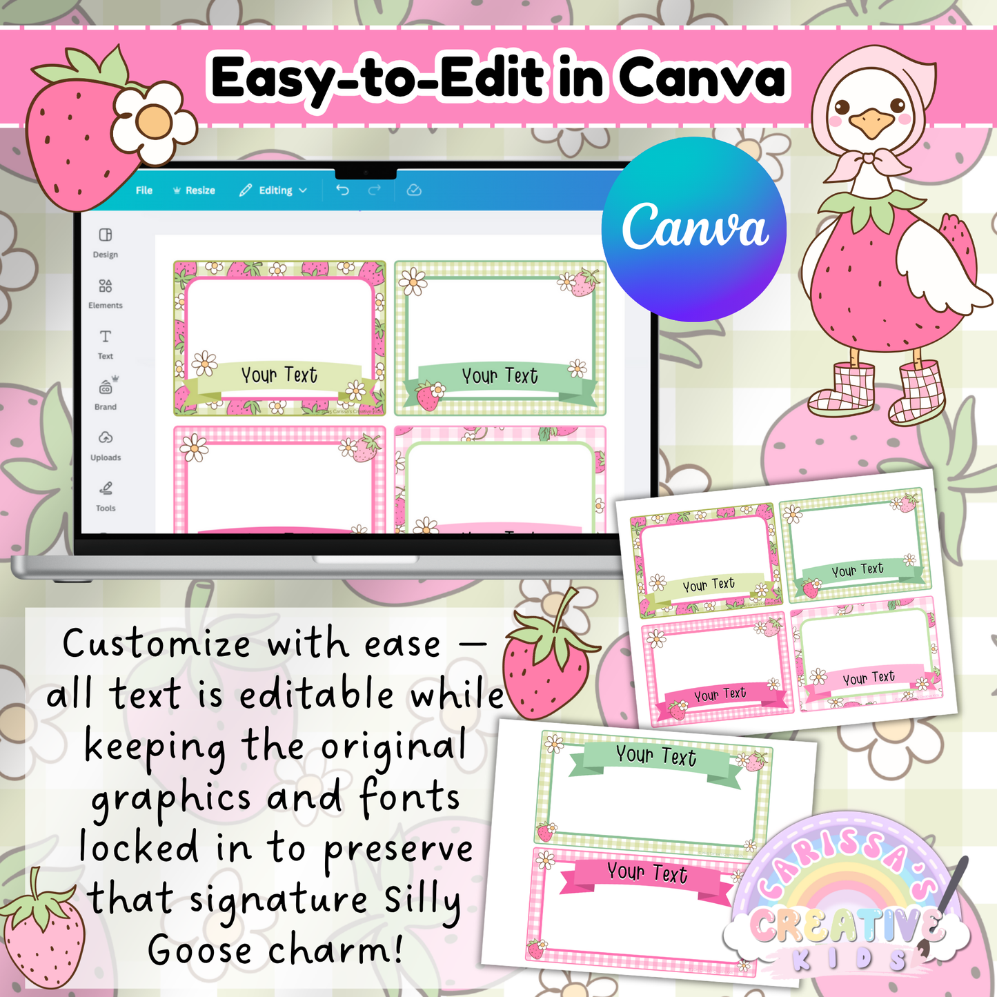 Screenshot showcasing editable Goose-Berry classroom labels in Canva. Features pastel pink and green designs with strawberries, gingham borders, and a whimsical goose character. All text is editable while fonts and graphics remain locked, keeping the playful, cohesive look for your preschool, daycare, or playroom setup.