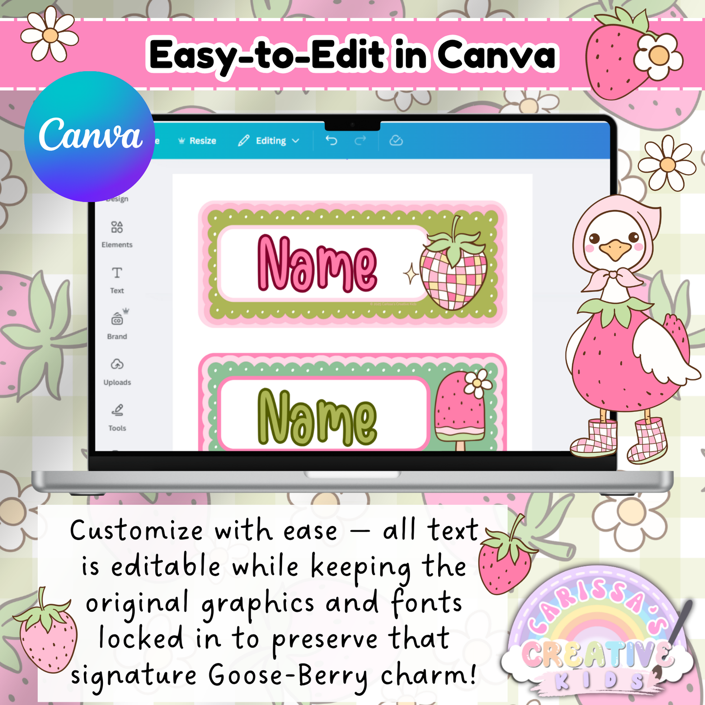 Editable Goose-Berry name tags shown in Canva with strawberry and pastel graphics. All text customizable while preserving original design elements.