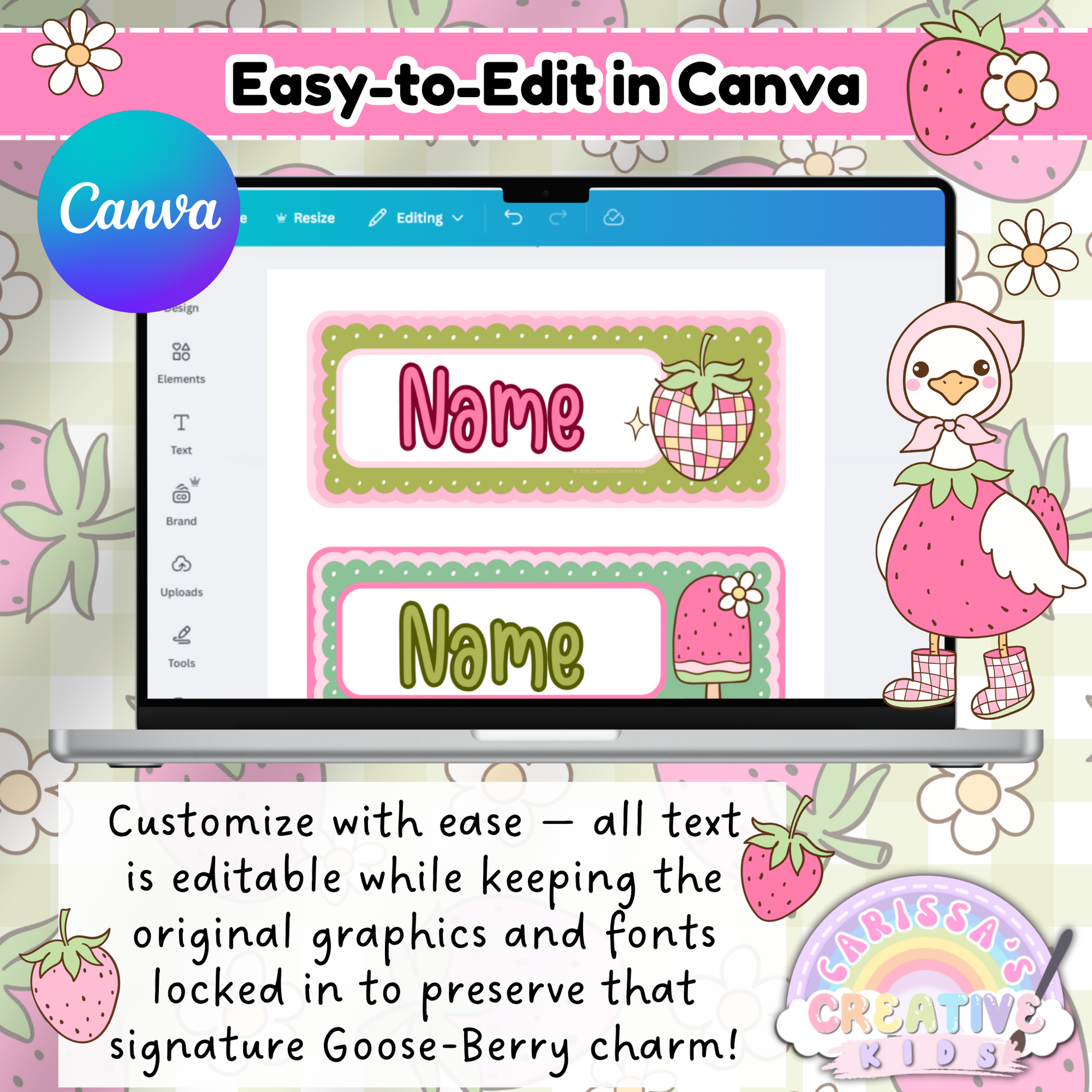Editable Goose-Berry name tags shown in Canva with strawberry and pastel graphics. All text customizable while preserving original design elements.