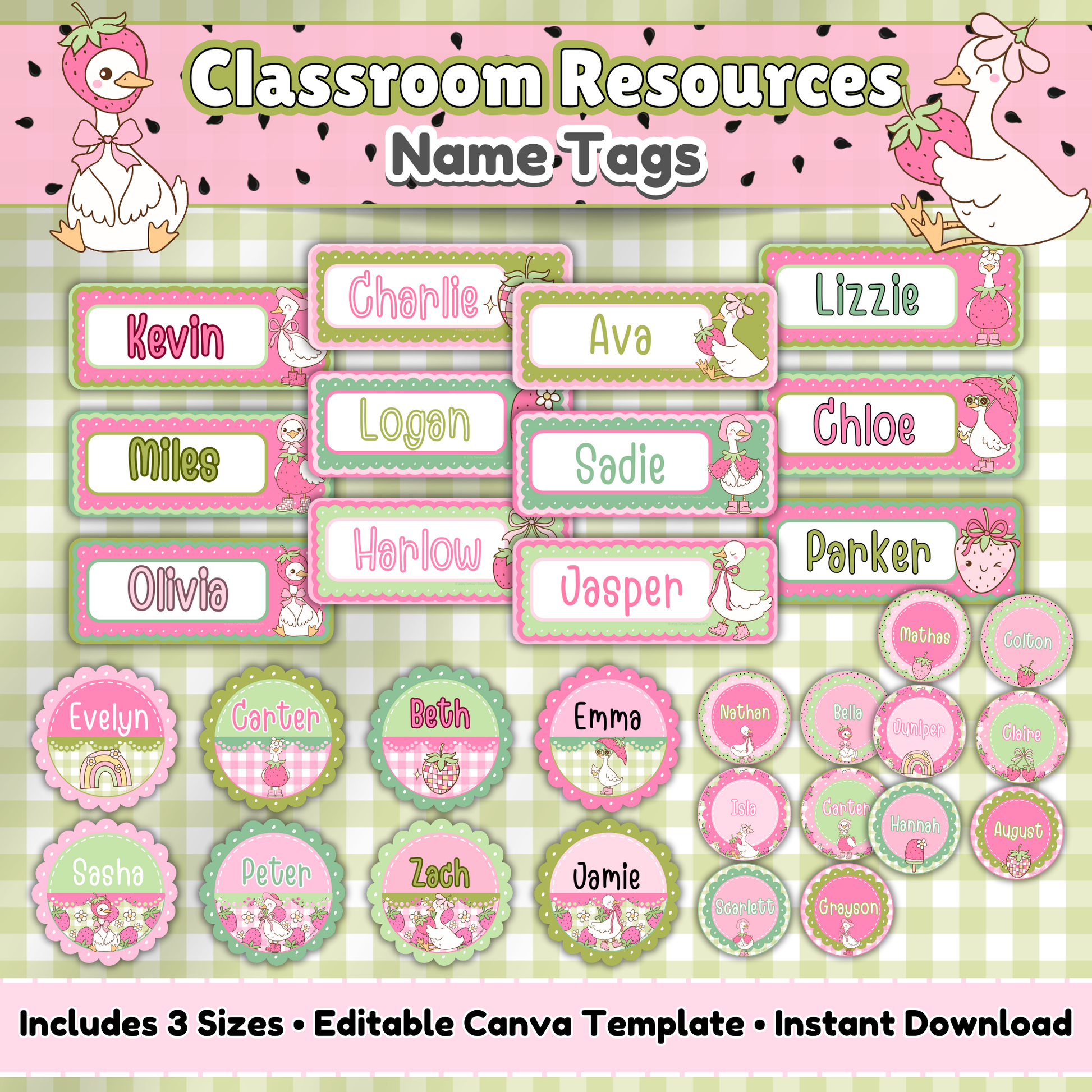 Editable Goose-Berry name tags for daycare and preschool featuring pastel pink and green tones, strawberries, and geese. Includes locker tags, cubby name labels, and round desk labels in three sizes.