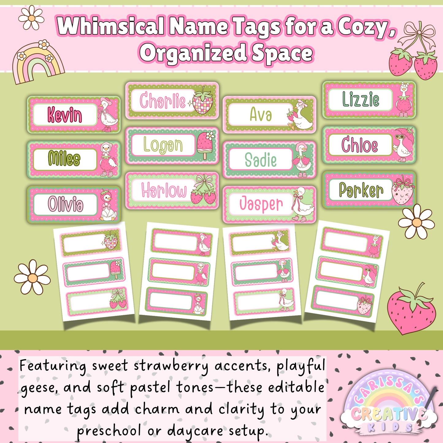 Editable Goose-Berry name tags in soft pinks and greens featuring playful geese, strawberries, and bows. Includes blank versions for custom labeling.