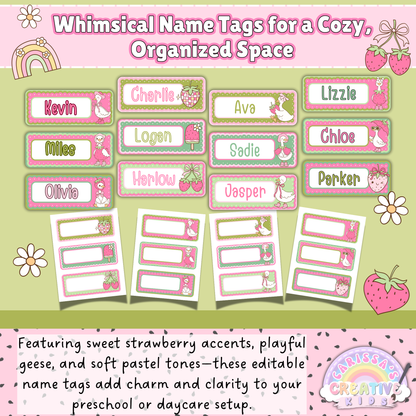 Editable Goose-Berry name tags in soft pinks and greens featuring playful geese, strawberries, and bows. Includes blank versions for custom labeling.