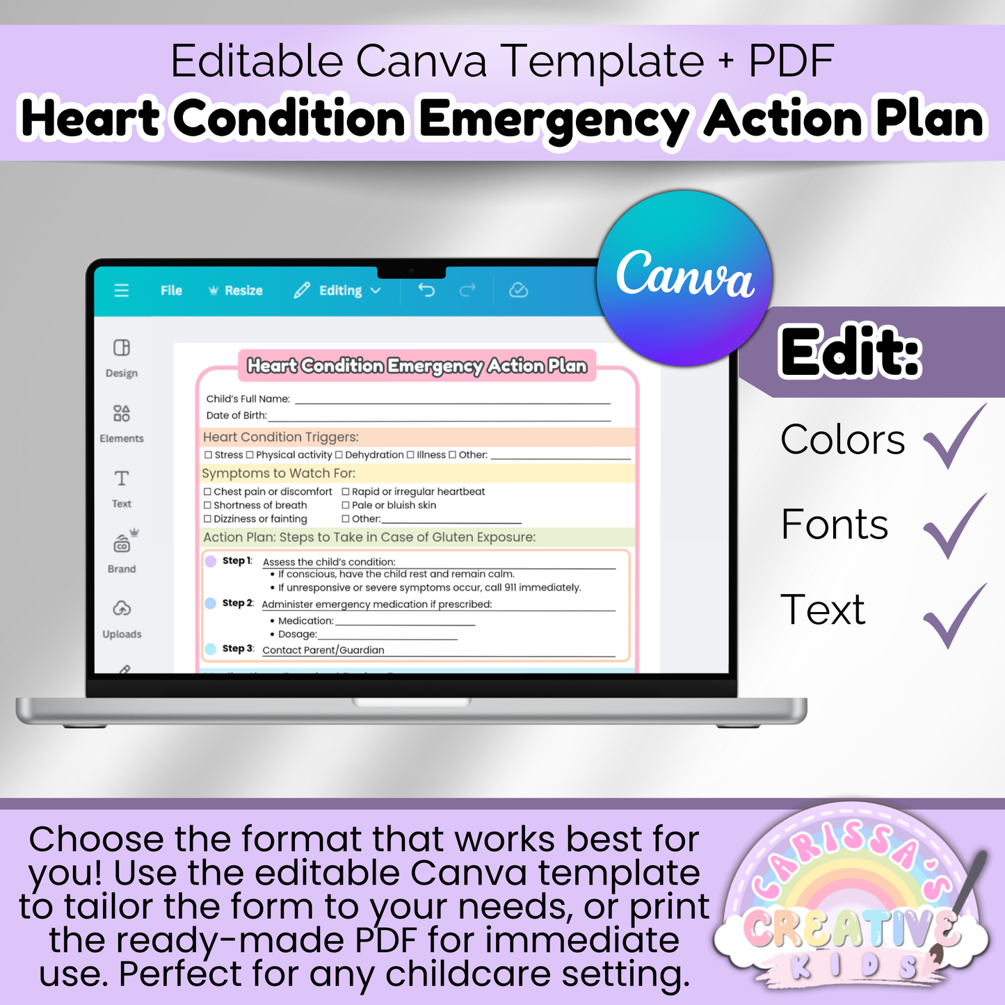 Editable Heart Condition Emergency Action Plan shown in Canva, allowing childcare providers to customize colors, fonts, and text for daycare or preschool use.