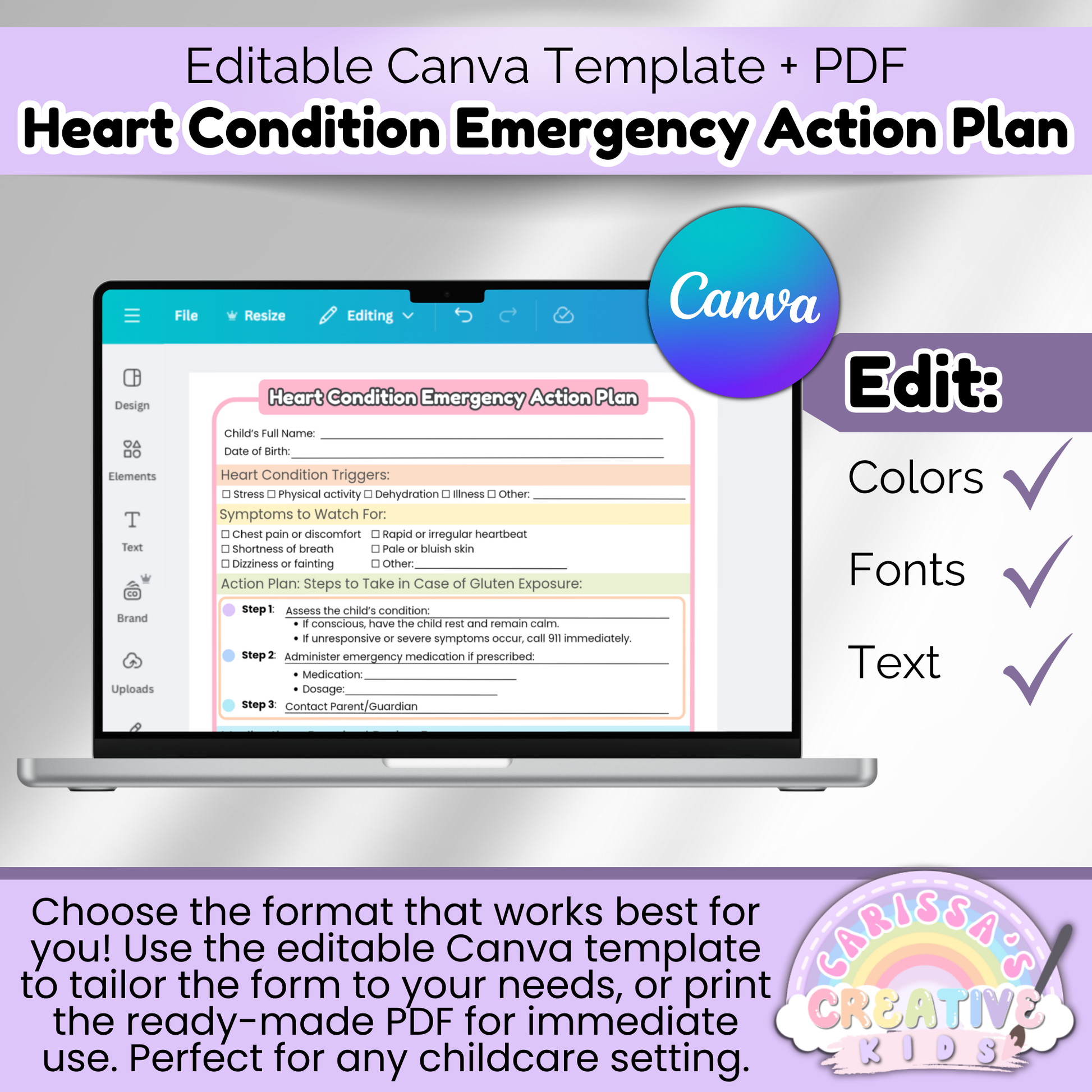 Editable Heart Condition Emergency Action Plan shown in Canva, allowing childcare providers to customize colors, fonts, and text for daycare or preschool use.