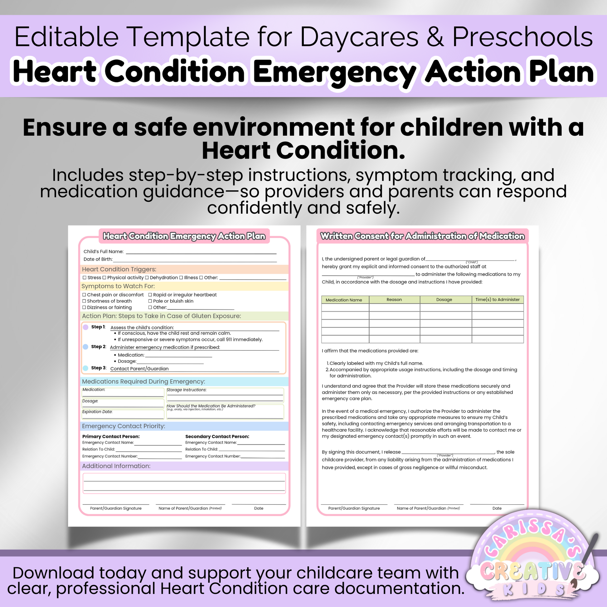 Editable Heart Condition Emergency Care Plan for daycare and preschool settings, includes a written medication consent form for parent and provider coordination.