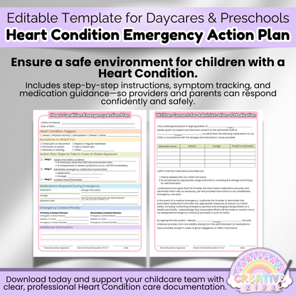 Editable Heart Condition Emergency Care Plan for daycare and preschool settings, includes a written medication consent form for parent and provider coordination.