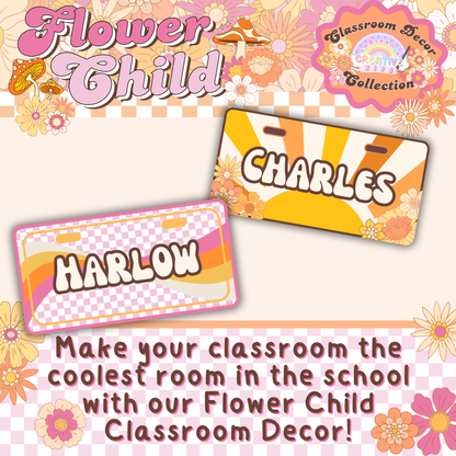 Close-up of groovy classroom name tags with retro floral patterns and warm vintage colors.