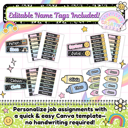 Editable student name tags included for customizing your classroom job chart. Use the Canva template to quickly assign roles without handwriting. Great for preschool, kindergarten, or elementary classroom management and bulletin board displays.