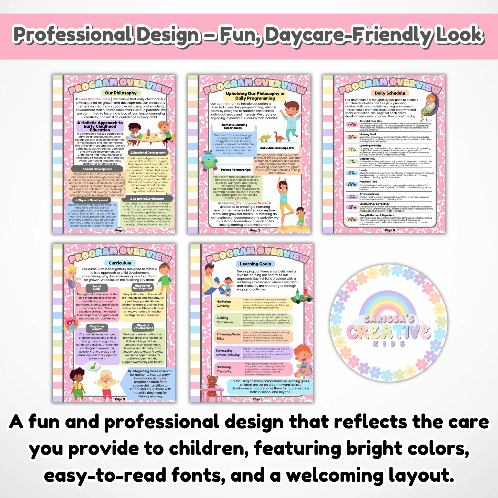 Editable Parent Handbook sample pages with daycare policies and procedures