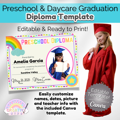 Editable preschool and daycare graduation certificate template shown with customizable fields for student name, date, and teacher info. Includes Canva design and fun rainbow border.