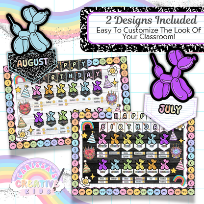 Includes two design options—lined paper and chalkboard—for the Retro Rainbow birthday board. Features balloon headers and editable elements for customizing your preschool or elementary birthday wall display with retro classroom decor.
