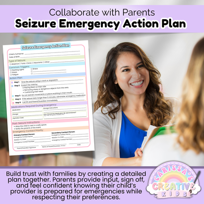Collaborative seizure action plan for parents and caregivers, supporting epilepsy awareness and clear communication in childcare settings.