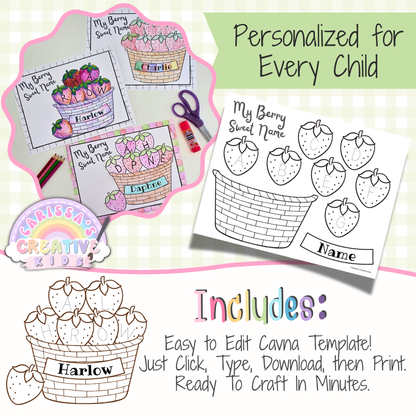Editable strawberry name craft Canva template for preschool and daycare with personalized child name examples and printable coloring page.
