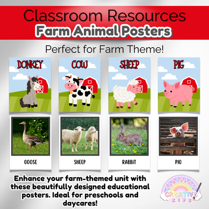 Classroom decor farm animals printables for teaching kids about farm life and animals.
