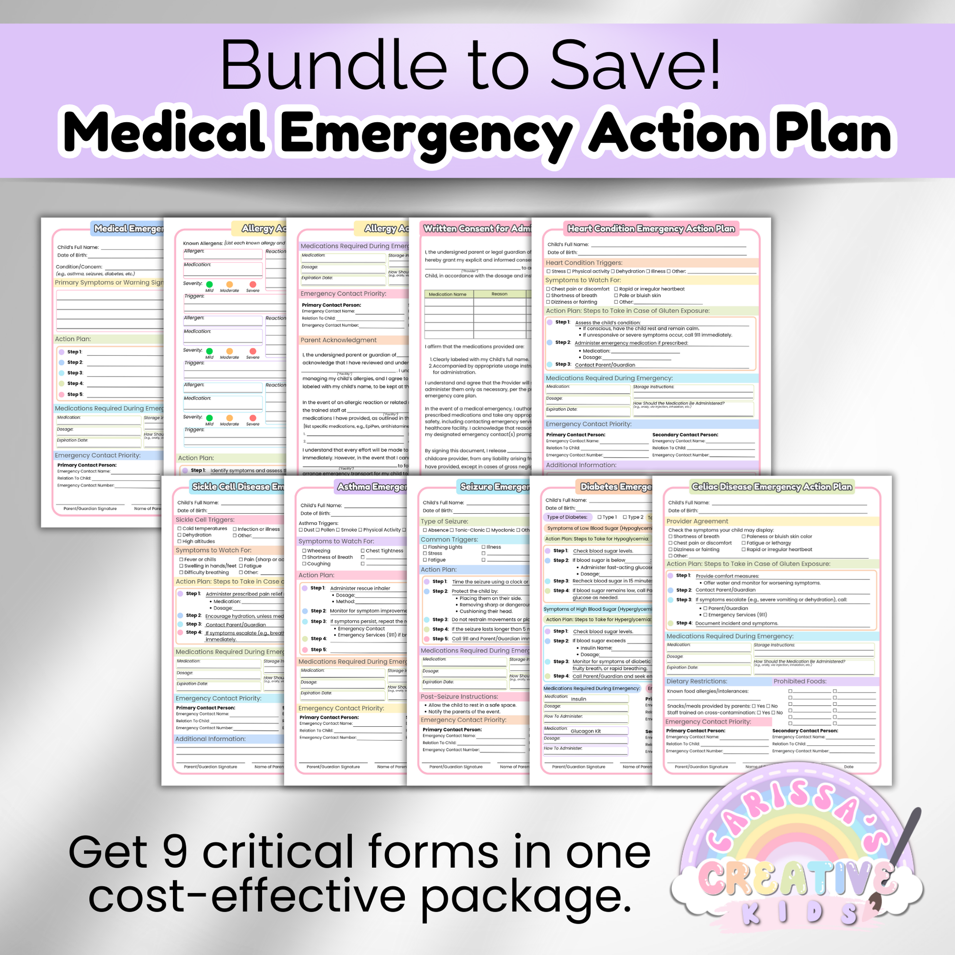 Visual overview of all 9 forms included in the Medical Emergency Action Plan Bundle for daycare and preschool—covering asthma, allergies, seizures, diabetes, medication consent, and more in one editable, cost-saving set.