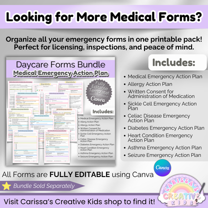 Bundle of editable emergency medical forms for daycare and preschool, including Celiac, allergy, asthma, diabetes, seizures, and more.
