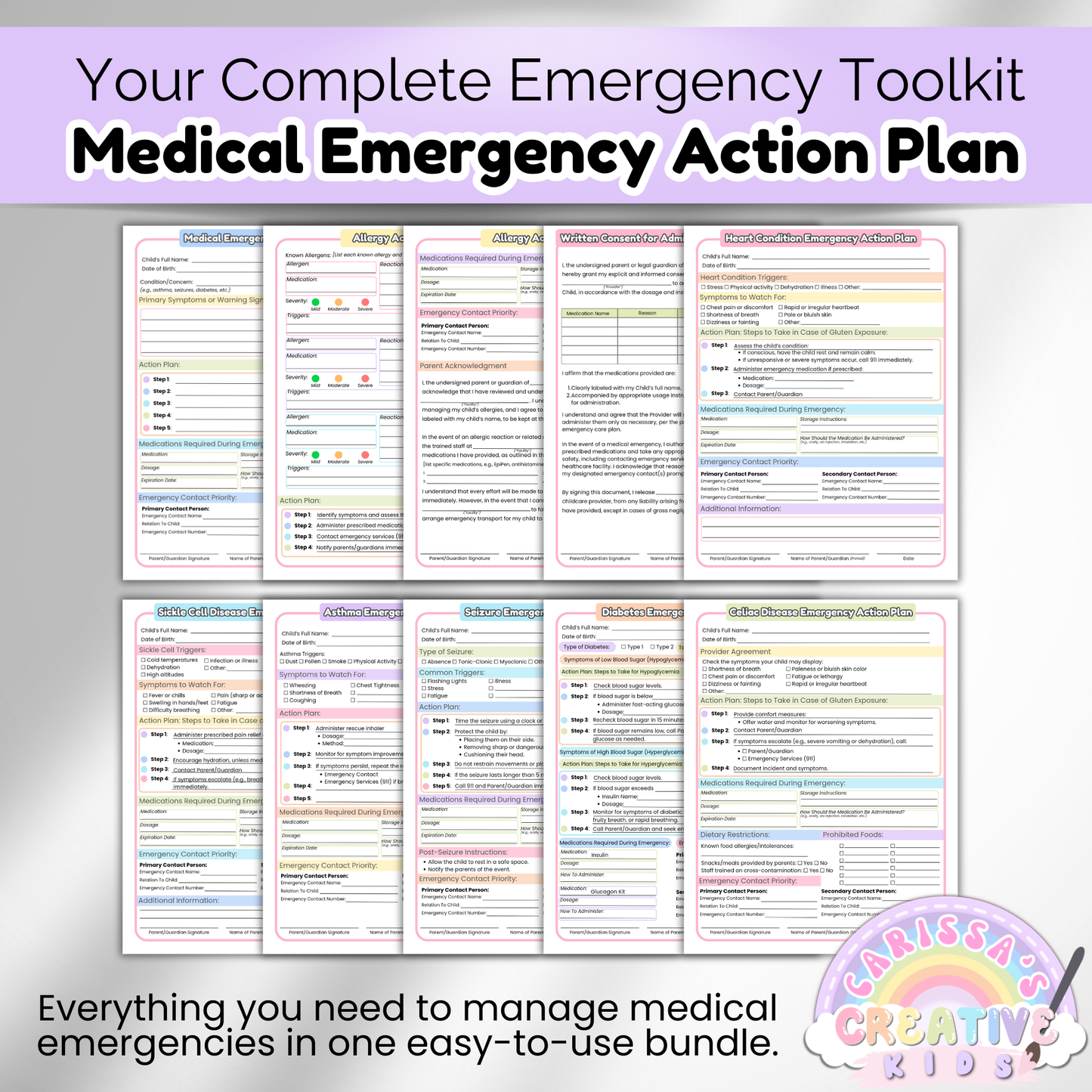 Preview of all printable emergency forms included in the Daycare Medical Emergency Action Plan Bundle, with editable plans for asthma, allergies, diabetes, seizures, and more—perfect for home daycare or preschool providers.