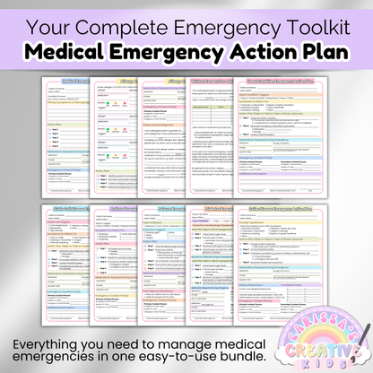 Preview of all printable emergency forms included in the Daycare Medical Emergency Action Plan Bundle, with editable plans for asthma, allergies, diabetes, seizures, and more—perfect for home daycare or preschool providers.