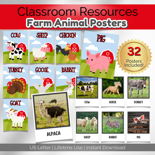 Farm animals preschool printables featuring realistic images for early learning and classroom decor.
