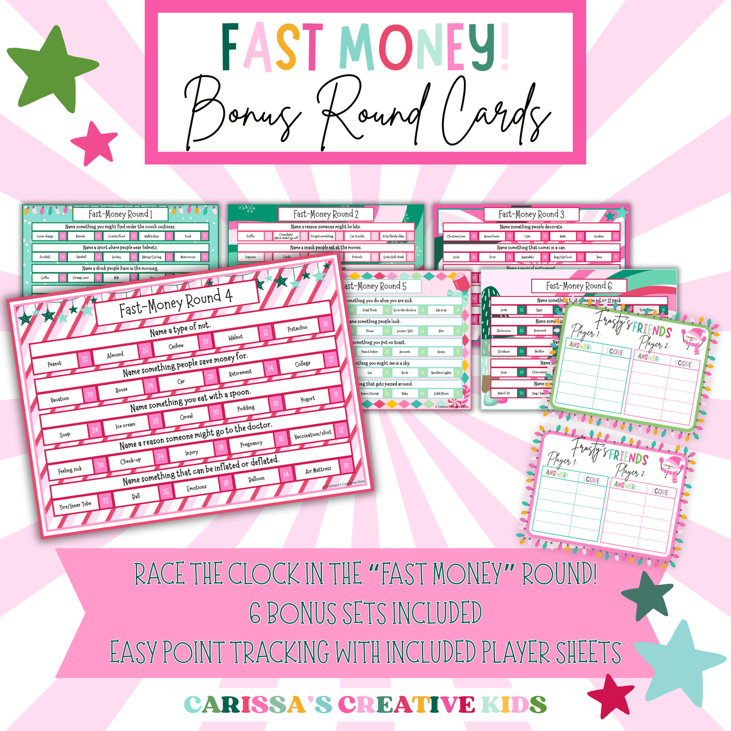 Printable “Fast Money” bonus round cards for Christmas Feud game, featuring 6 unique sets and easy-to-use player score sheets. Designed for high-energy holiday fun at classroom parties, family game nights, or festive group events.