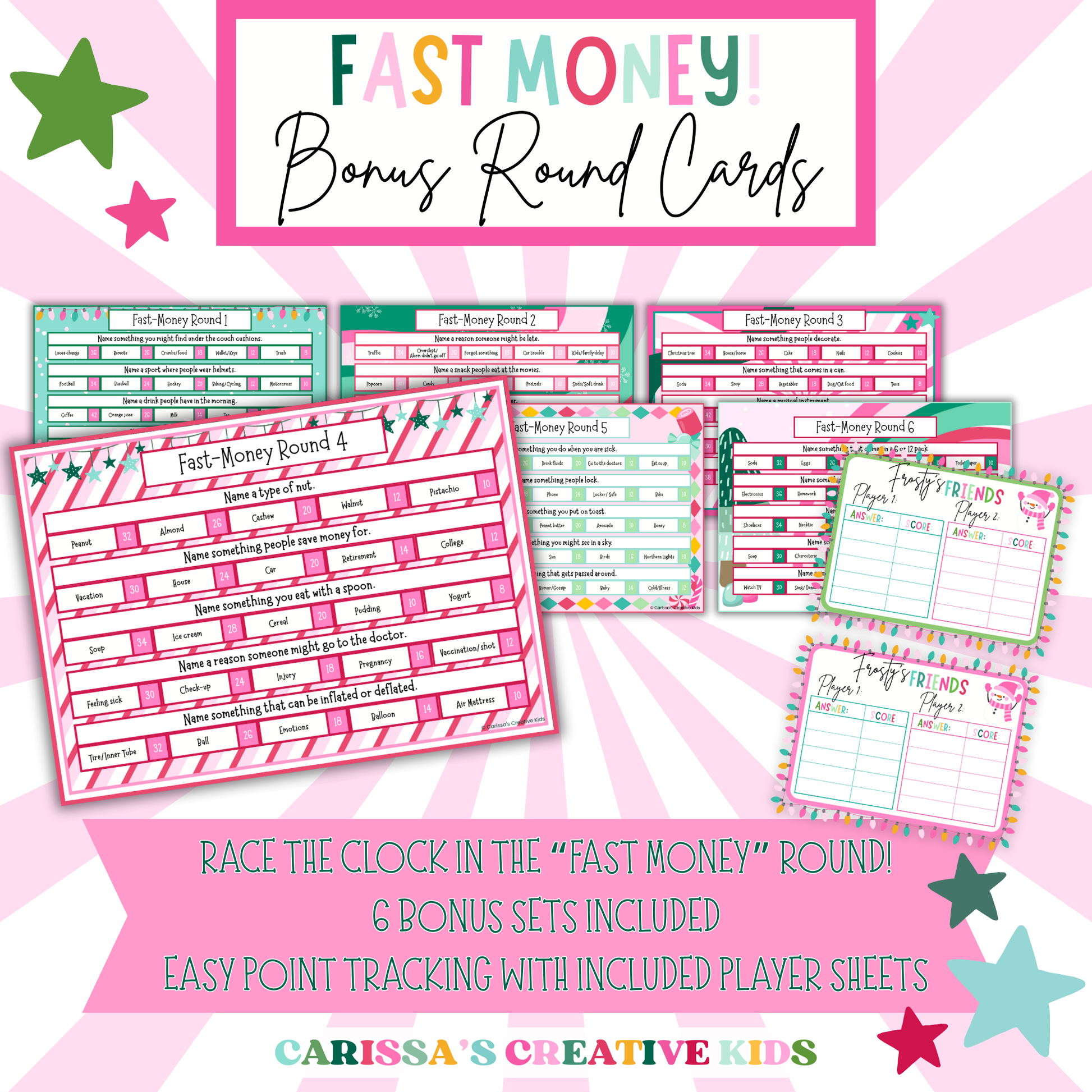Printable “Fast Money” bonus round cards for Christmas Feud game, featuring 6 unique sets and easy-to-use player score sheets. Designed for high-energy holiday fun at classroom parties, family game nights, or festive group events.
