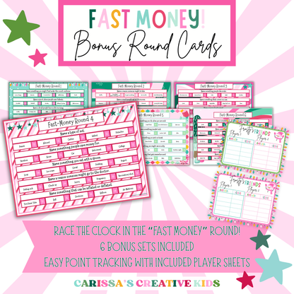 Printable “Fast Money” bonus round cards for Christmas Feud game, featuring 6 unique sets and easy-to-use player score sheets. Designed for high-energy holiday fun at classroom parties, family game nights, or festive group events.