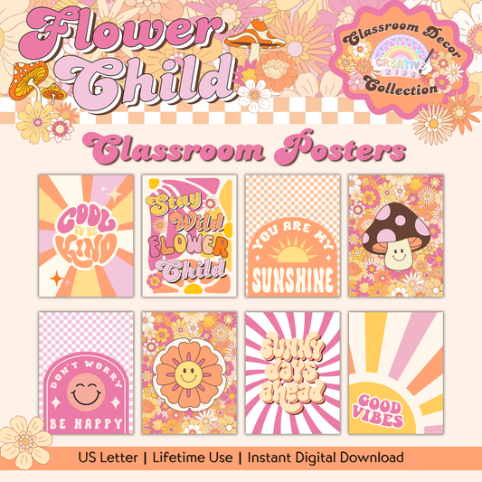 A set of 8 retro-inspired classroom posters in warm pinks, oranges, and yellows. Perfect for a groovy classroom or playroom.